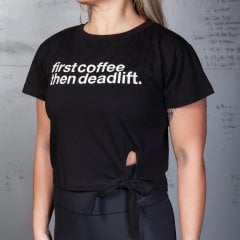 GYMHOLIX® First Coffee Then Deadlift Kadın Crop Tişört – Bağcıklı Bol Kesim