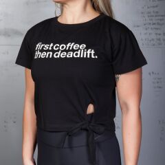 GYMHOLIX® First Coffee Then Deadlift Kadın Crop Tişört – Bağcıklı Bol Kesim