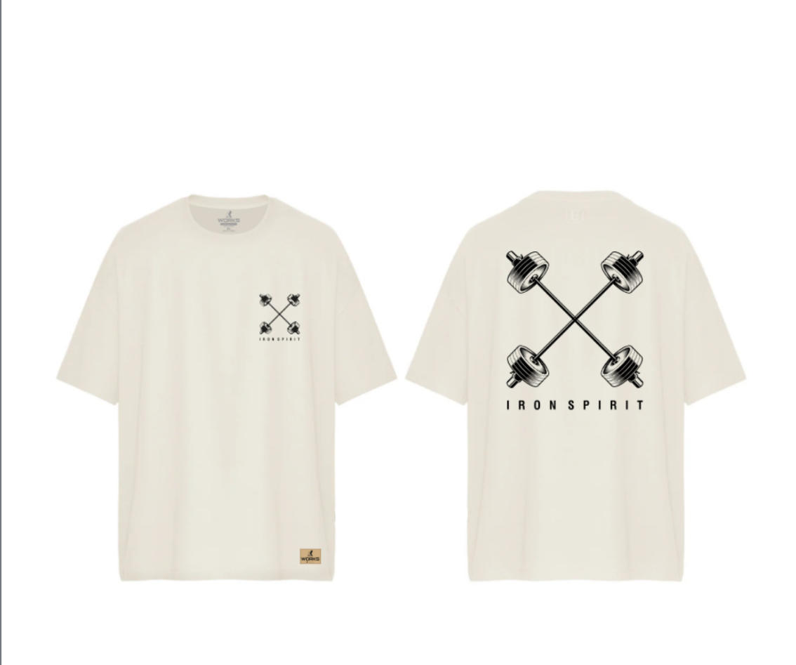 XWORKS Iron Spirit Oversize Tişört Ekru - Cross Barbell Edition (TSX0006)